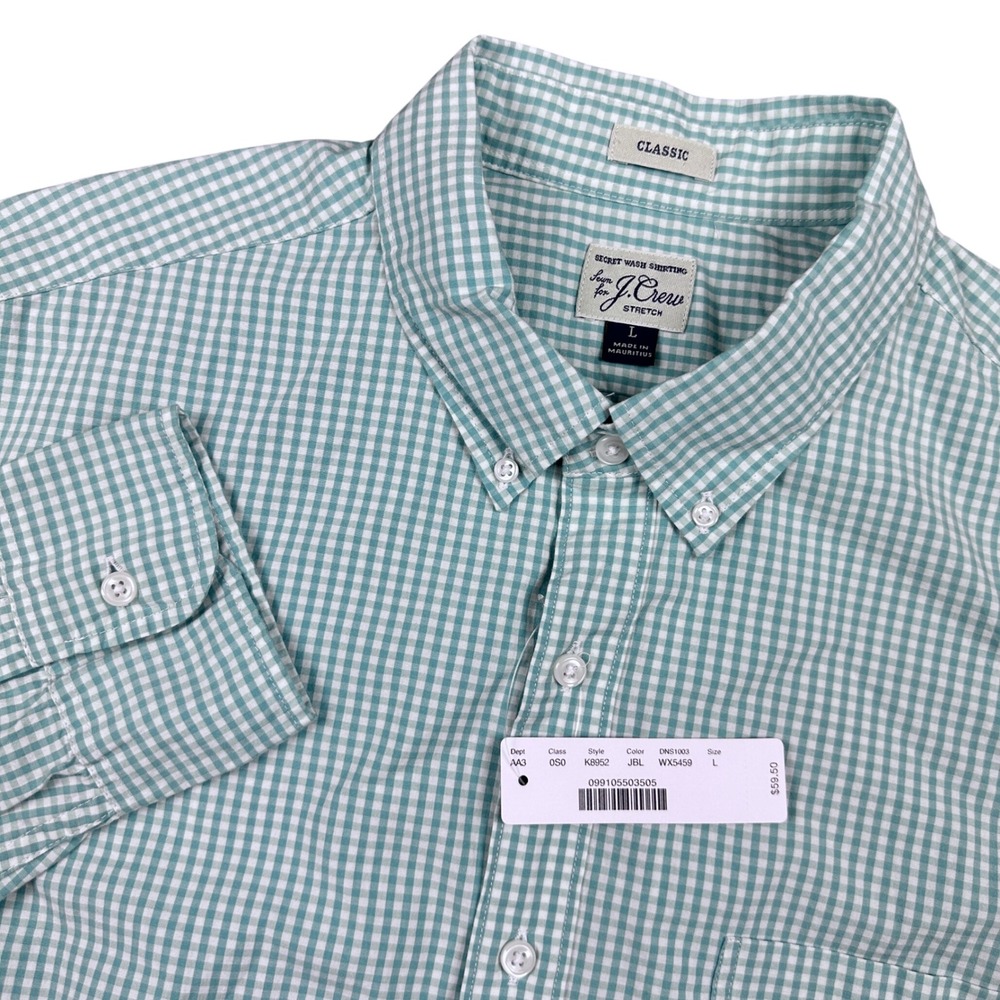 J.Crew Mens Secret Wash Stretch Gingham Button Down Shirt Green White Classic L